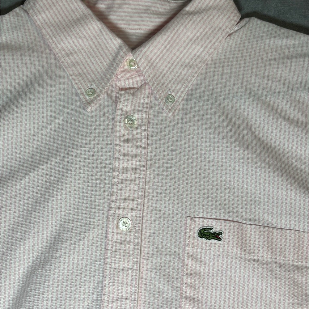 Lacoste Mens L Pink White Stripe Button Down Shirt Regular Fit Crocodile Logo - Picture 2 of 11
